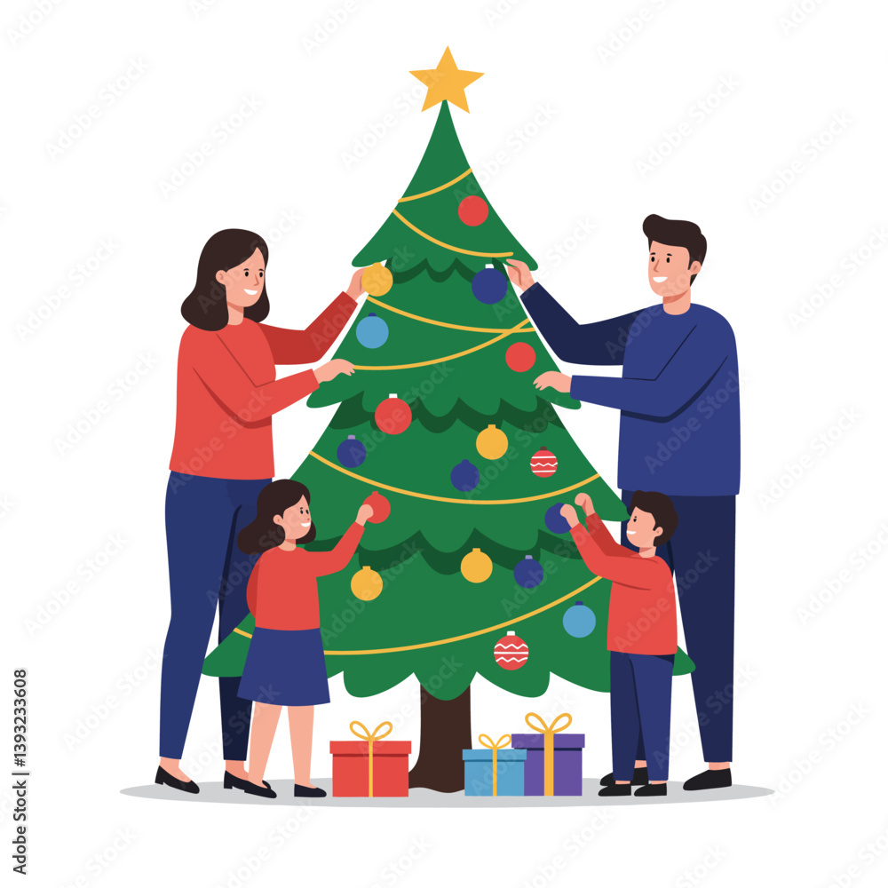 Family decorating a Christmas tree in flat vector illustration style with colorful ornaments and gifts vector art Family decorating a Christmas tree in flat vector illustration style with colorful ornaments and gifts vector art