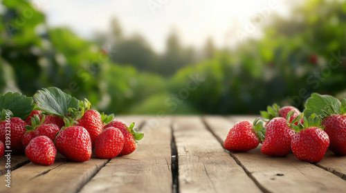 Obraz na płótnie Bright red strawberries are arranged on a weathered wooden table overlooking a vibrant green farm field filled with strawberry plants. Sunlight highlights their freshness w salonie