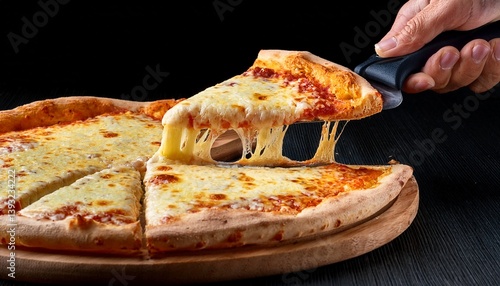 Italian Pizza, one slice lift up by pizza knife 