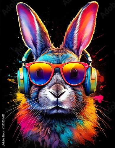 Colorful watercolor punk rabbit with sunglasses and headphones wallpaper