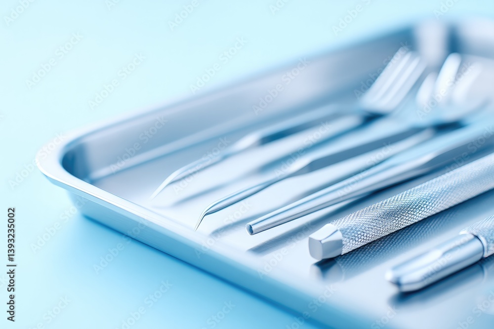 pristine surgical instruments neatly arranged on sterile stainless steel tray bathed in soft ambient light evoking pristine surgical instruments neatly arranged on sterile stainless steel tray bathed in soft ambient light evoking