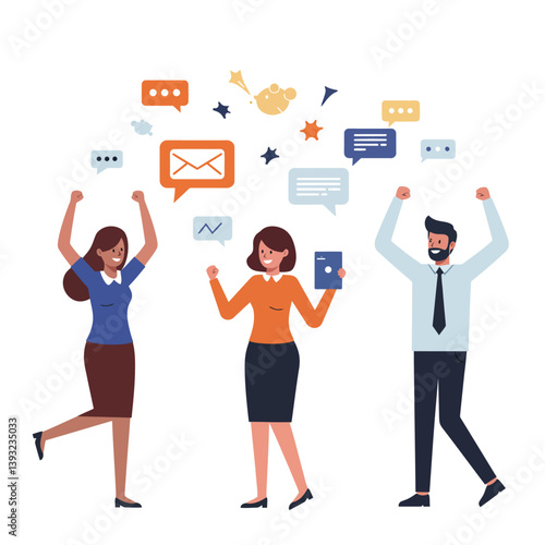 Happy people celebrating success with speech bubbles in a flat design vector illustration