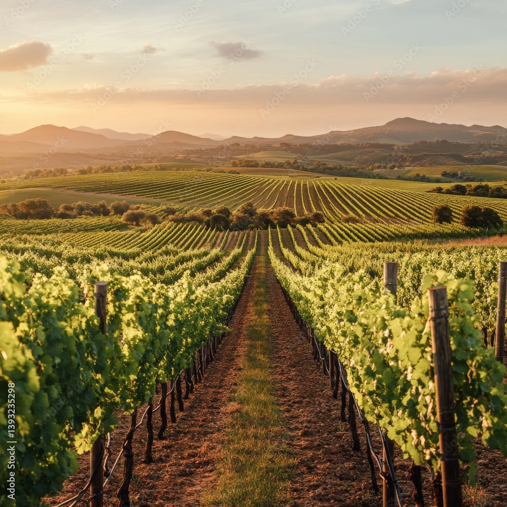 Fototapeta premium image of expansive vineyards stretching over rolling hills under a soft evening glow isolated on a plain background