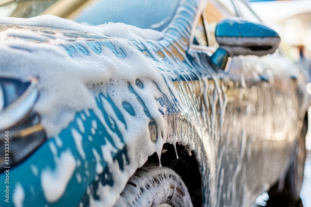 hand washes car with soapy sponge