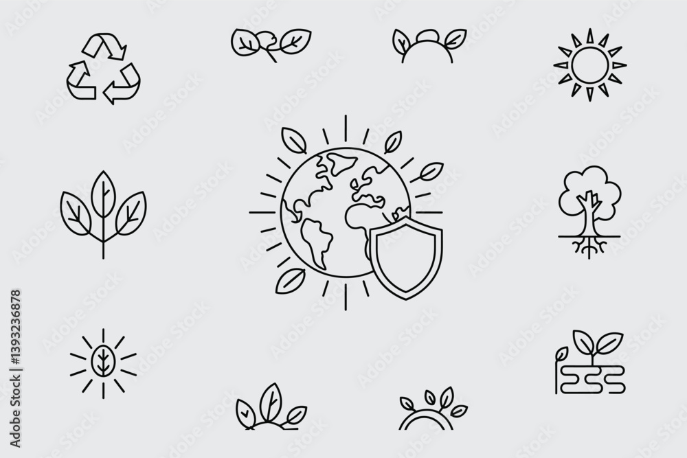 Environmental Protection And Conservation Line Icons Earth Shield Nature Preservation Concept Environmental Protection And Conservation Line Icons Earth Shield Nature Preservation Concept