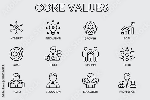 Core Values Vector Icons Representing Integrity Innovation Growth And Goals