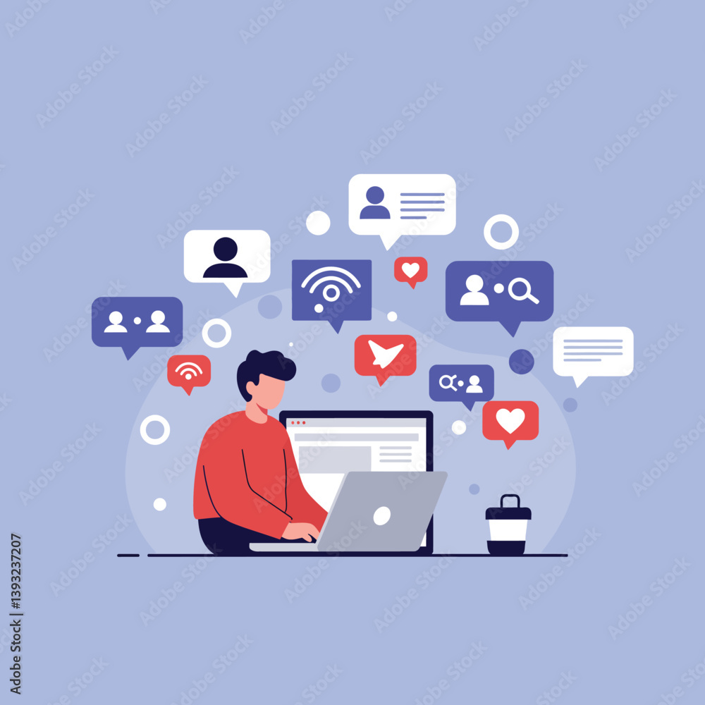 Person using laptop with social media icons in flat vector illustration Person using laptop with social media icons in flat vector illustration