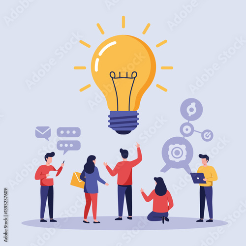 Team brainstorming ideas with lightbulb concept in flat vector art style