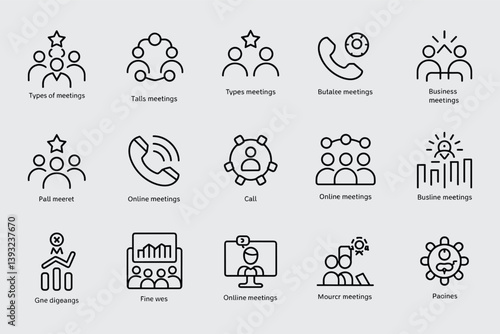 Collection Of Linear Icon Designs Presenting Various Types Of Business Meetings And Online Communication