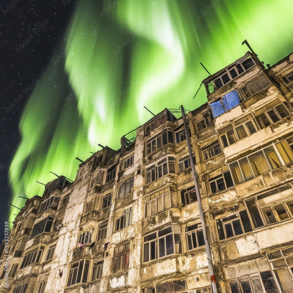 view of old giant slum type apartment building with northern lights in the background