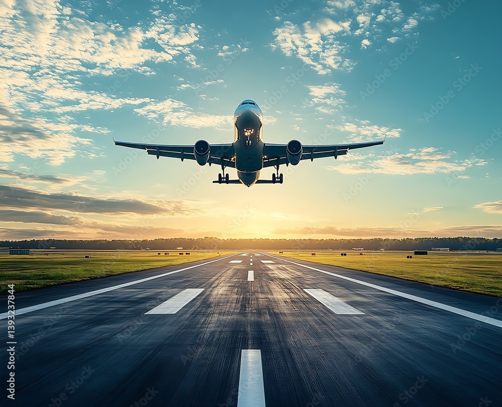 Fototapeta premium Airplane Taking Off at Sunset Beautiful Aviation Photography Flight Travel Destination Aviation Adventure and Airport Runway View : Generative AI