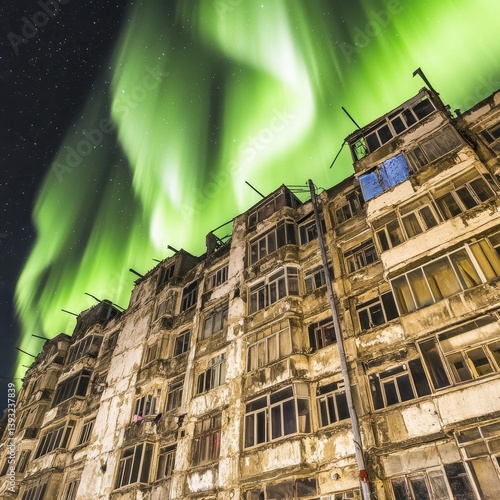 Obraz na płótnie view of old giant slum type apartment building with northern lights in the background w salonie
