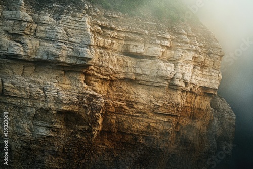 Majestic cliff face, layered rock formations bathed in morning mist, showcasing nature's artistry.
