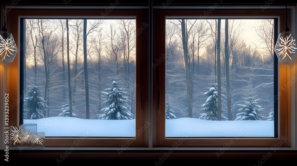 Fototapeta premium Winter cabin window lights snowy forest