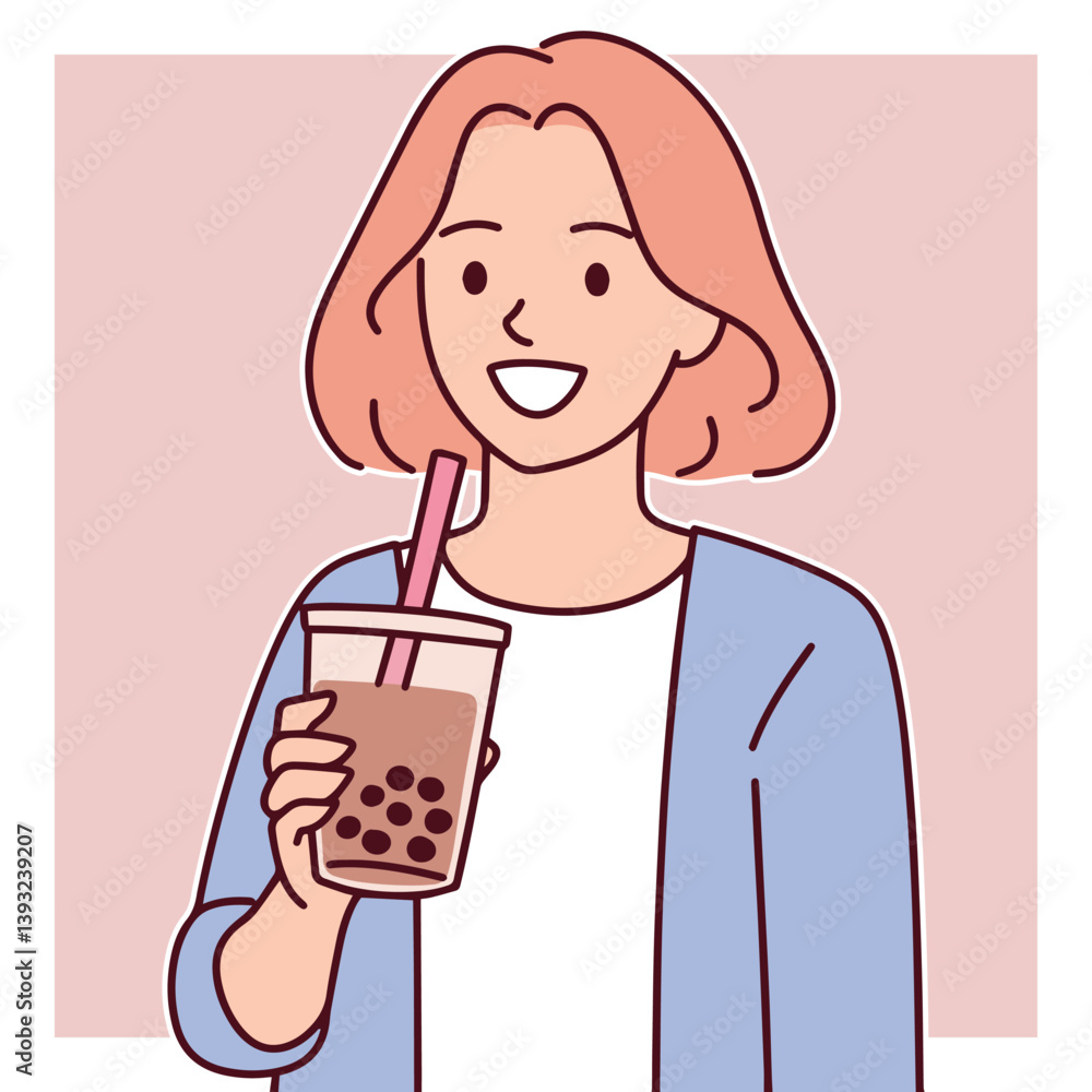 Light-skinned young woman with short hair holding bubble tea and smiling, representing casual lifestyle and modern food culture with youthful energy Light-skinned young woman with short hair holding bubble tea and smiling, representing casual lifestyle and modern food culture with youthful energy