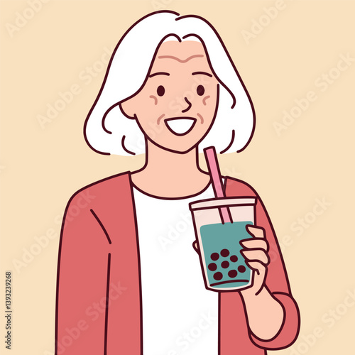 Elderly woman with white hair smiling while holding bubble tea, representing joyful senior lifestyle, generational diversity, and love for trendy drinks