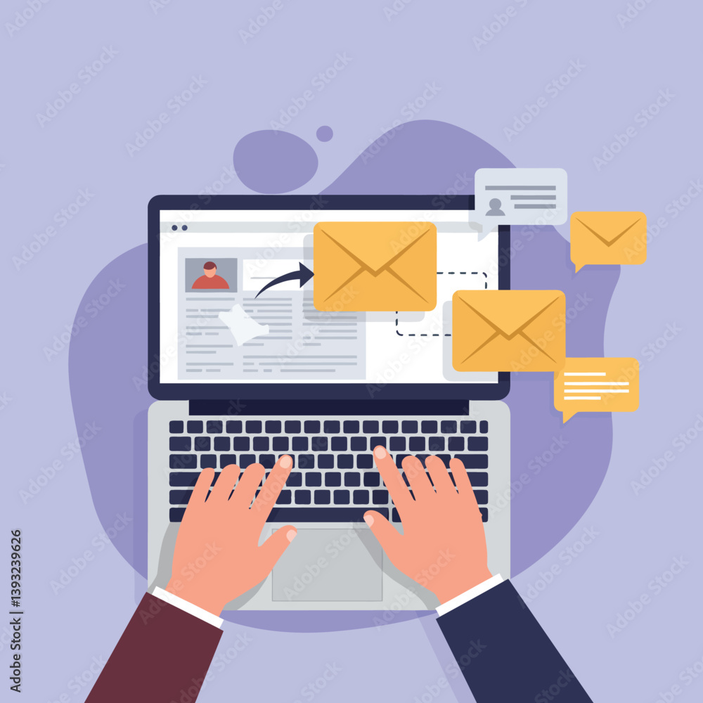 Hands typing on laptop with email notifications in flat vector art style Hands typing on laptop with email notifications in flat vector art style