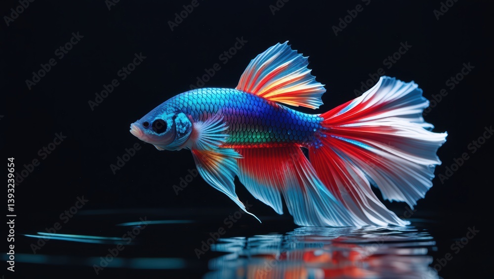 Fototapeta premium Colorful Betta Fish on Black Background with Flowing Fins – Siamese Fighting Fish Underwater