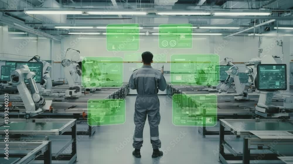 Technician with digital interface overseeing robotic arms in modern factory Technician with digital interface overseeing robotic arms in modern factory