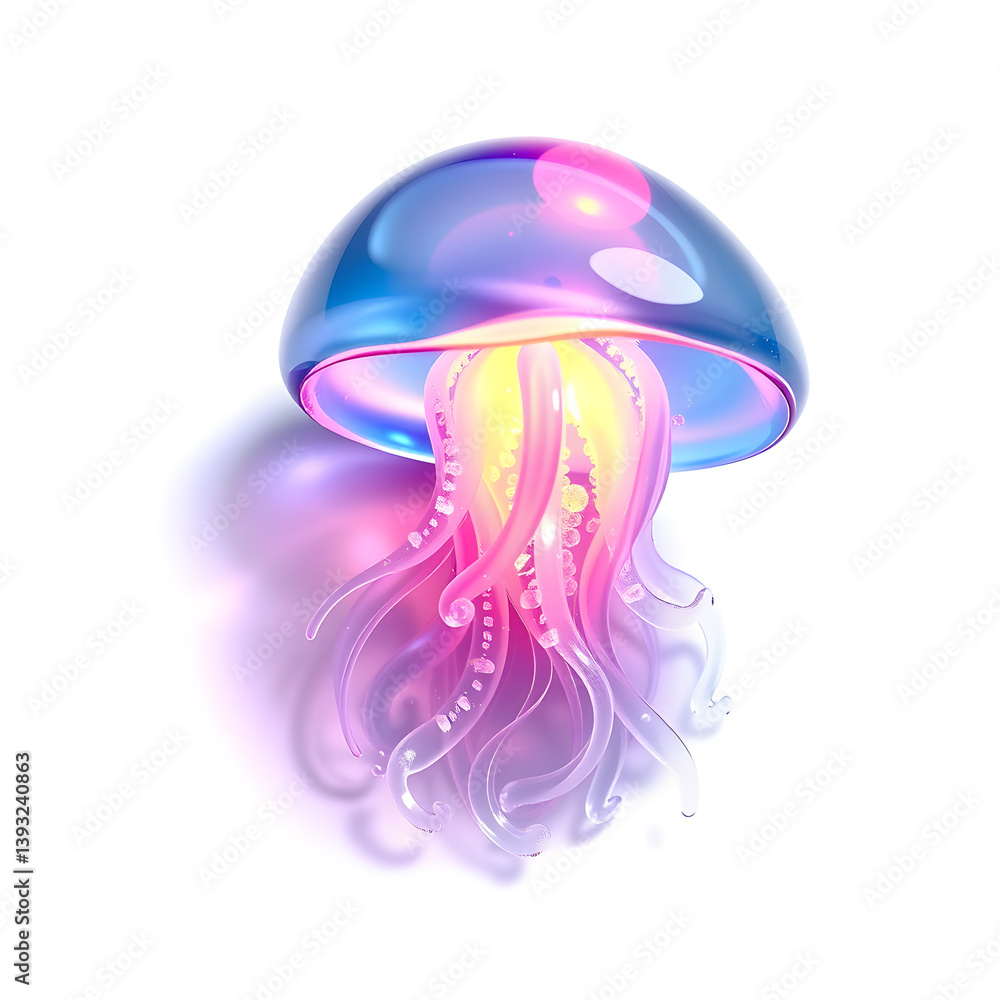 Fototapeta premium Jellyfish – A 3D glass jellyfish figurine, translucent with glowing blue and purple hues, floating effect, smooth and wavy texture, white background, icon illustration. Generative AI