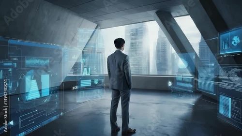 Businessman looking out window at futuristic cityscape with digital interface