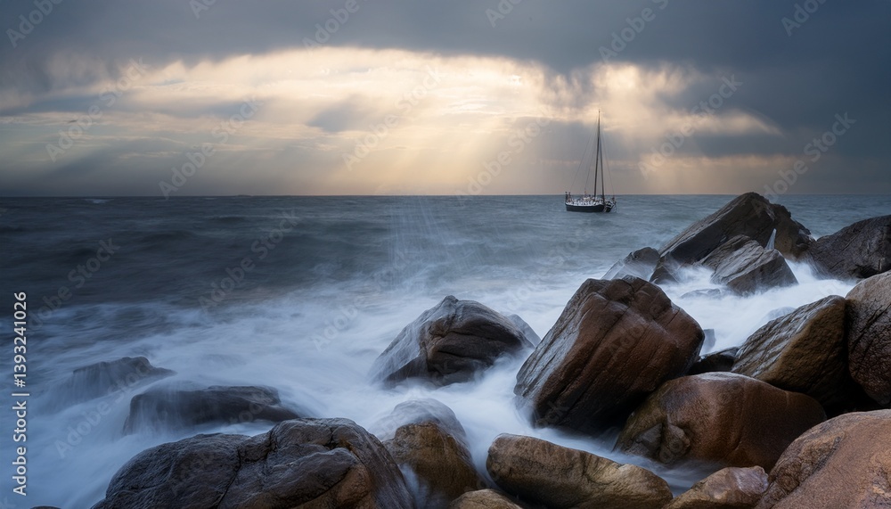 Obraz premium Long Exposure of ocean and beach, wooden boat and ray of light in the sky
