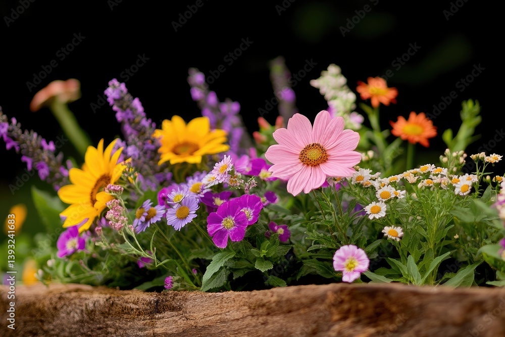 Vibrant Wildflower Arrangement in Rustic Wooden Container Vibrant Wildflower Arrangement in Rustic Wooden Container