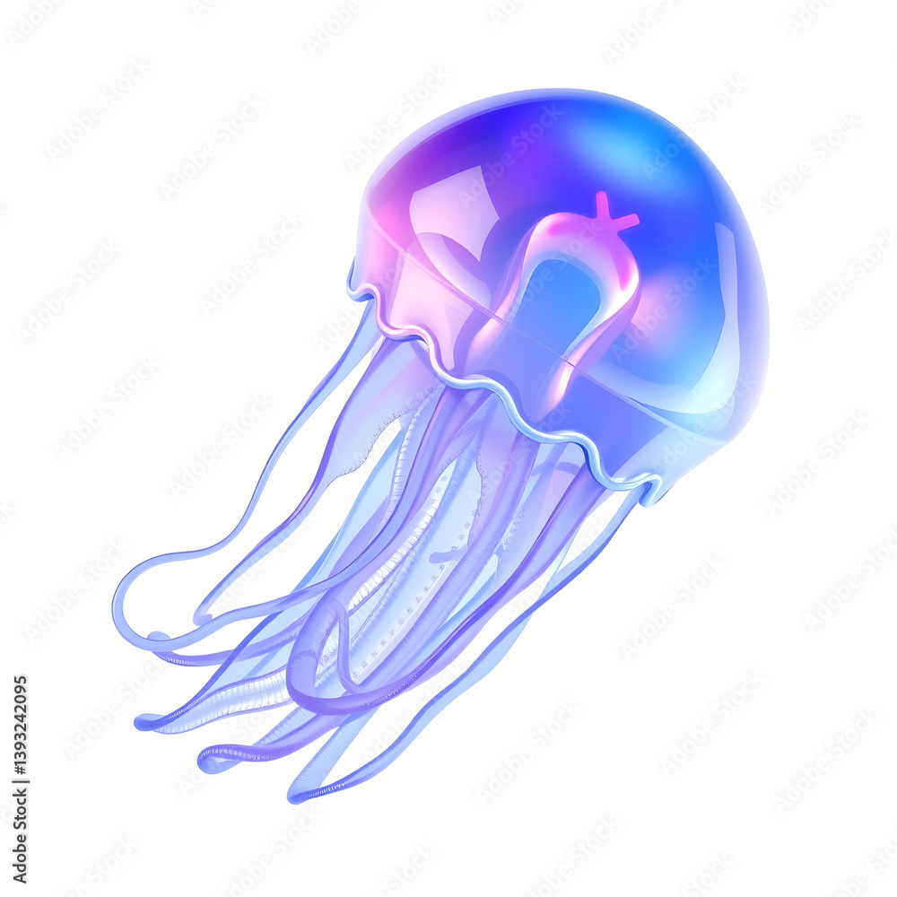 Fototapeta premium Jellyfish – A 3D glass jellyfish figurine, translucent with glowing blue and purple hues, floating effect, smooth and wavy texture, white background, icon illustration. Generative AI