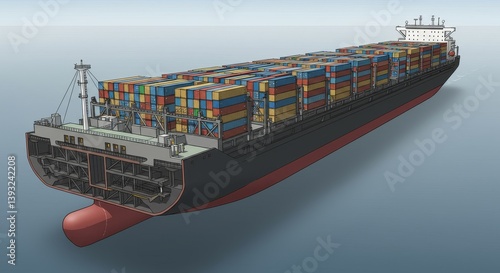 Container Ship Cross Section - Detailed cutaway illustration of a large container ship, showcasing its internal structure and cargo
