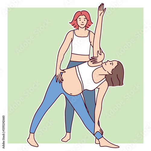 Pregnant woman performing a triangle yoga pose with the help of a trainer. The image highlights prenatal fitness, flexibility, and body strengthening exercises for maternity health