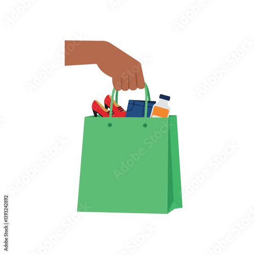 Hand holding green shopping bag filled with groceries in flat vector art