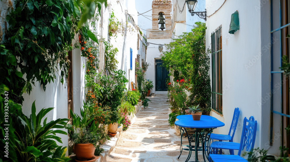 Obraz premium This captivating narrow street features whitewashed walls adorned with plants, blue chairs, and vibrant flowers, creating a serene atmosphere in a Mediterranean village