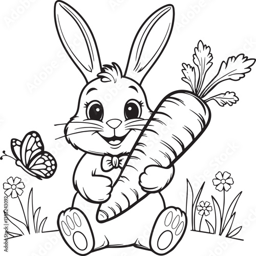 Cute easter bunny holding a carrot surrounded by flowers and butterflies