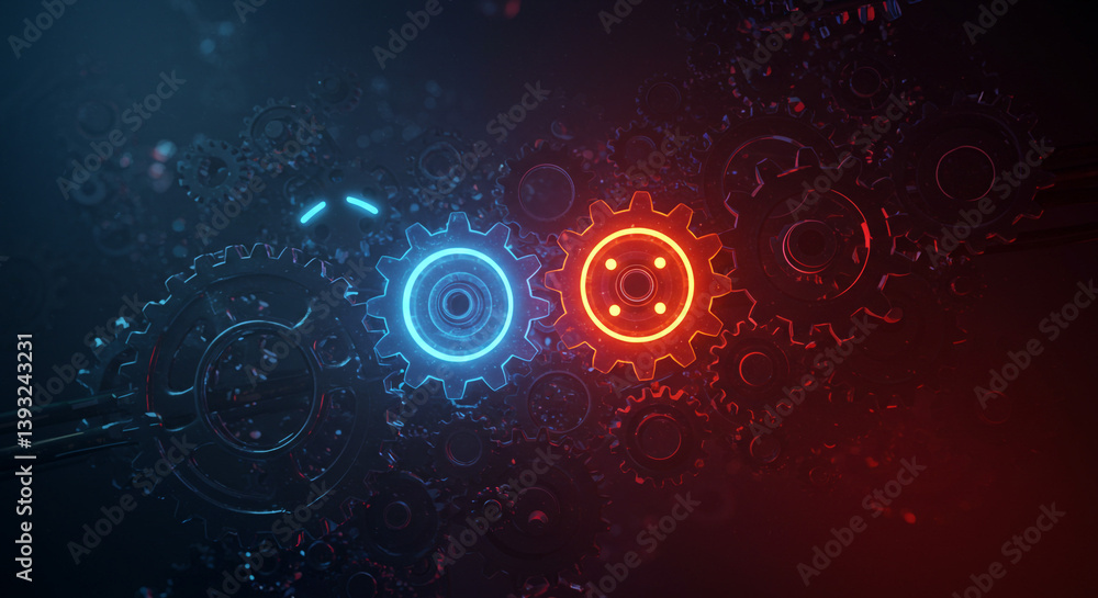 Interconnected gears glowing blue and red in a dark, intricate machine, symbolizing collaboration and complex systems. Interconnected gears glowing blue and red in a dark, intricate machine, symbolizing collaboration and complex systems.