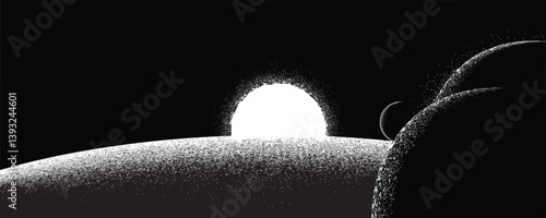 Star and planet in space. Futuristic landscape, with noise texture . Night landscape with starry sky .Vector illustration