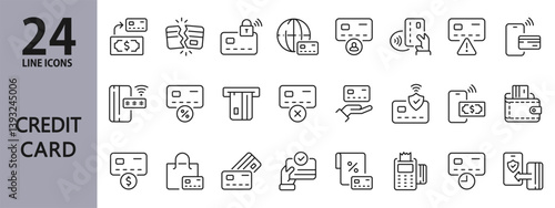 Credit Card line icons set with Payment, Wallet, Pay, NFC, Interest, Paying, Transaction and more. Editable Stroke