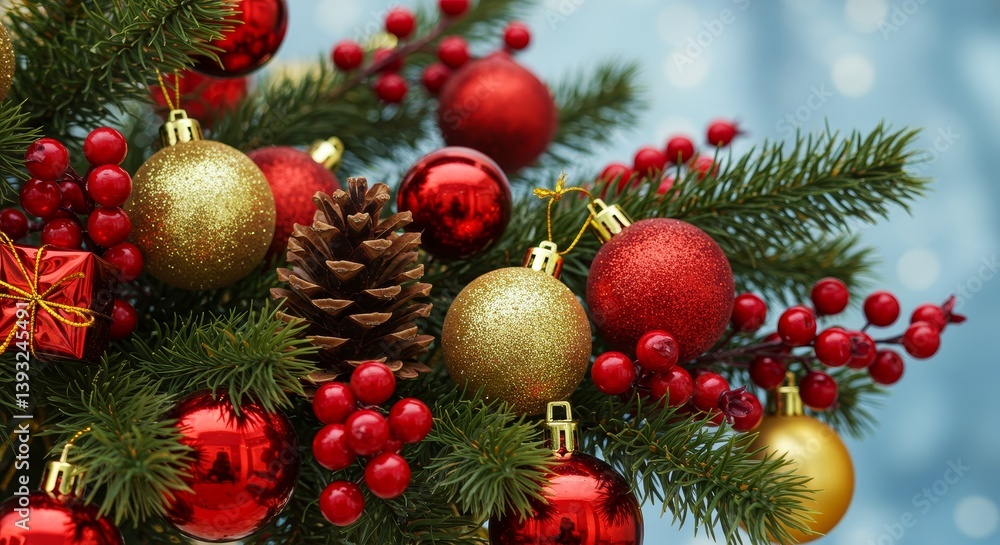 Fototapeta premium Festive Christmas Ornament Arrangement - Close-up of a Christmas arrangement featuring red and gold ornaments, pine cones, and berries on a fir branch