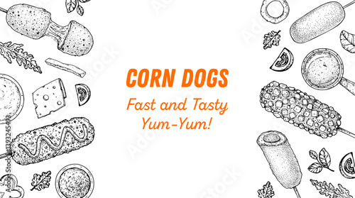 Hand drawn corndog frame. Corn dog sketch. Fast food vector illustration. Hand drawn vector illustration. Hand drawing sketches