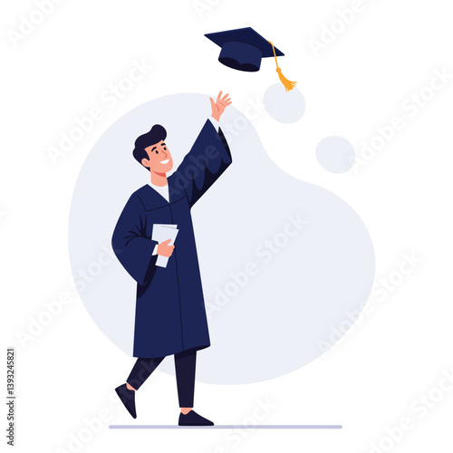 Graduating student celebrating in minimal flat style with cap toss vector art