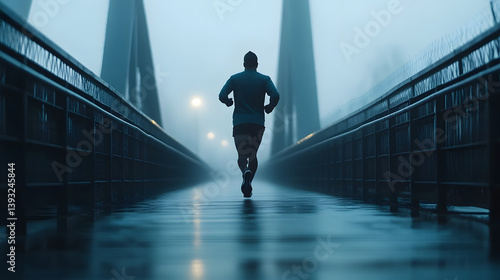 A lone runner strides across a bridge shrouded in fog, illuminated by distant lights. Focused on fitness in a challenging weather.