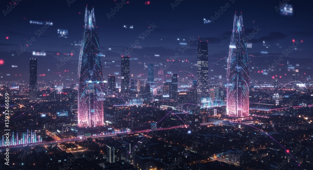 Obraz premium Futuristic Cityscape at Night - Stunning aerial view of a modern city at night, illuminated with vibrant lights and data streams