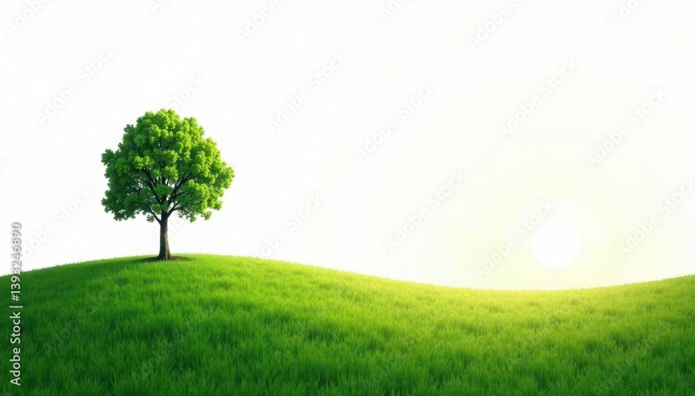 Fototapeta premium Serene landscape with a single tree isolated on white background, horizon, peacefulness, sky
