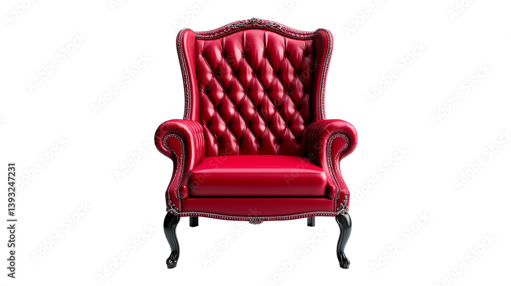 Fototapeta premium Elegant red leather armchair with tufted back, luxurious design, cut out transparent
