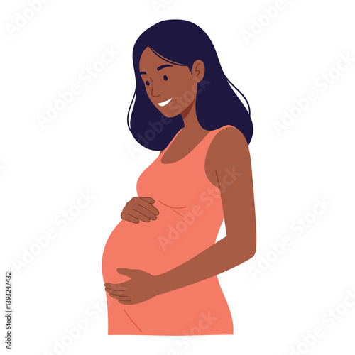 Pregnant woman smiling in flat style vector art design with warm colors and simple shapes