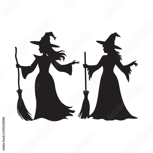 Two witches silhouettes with broomsticks on white background