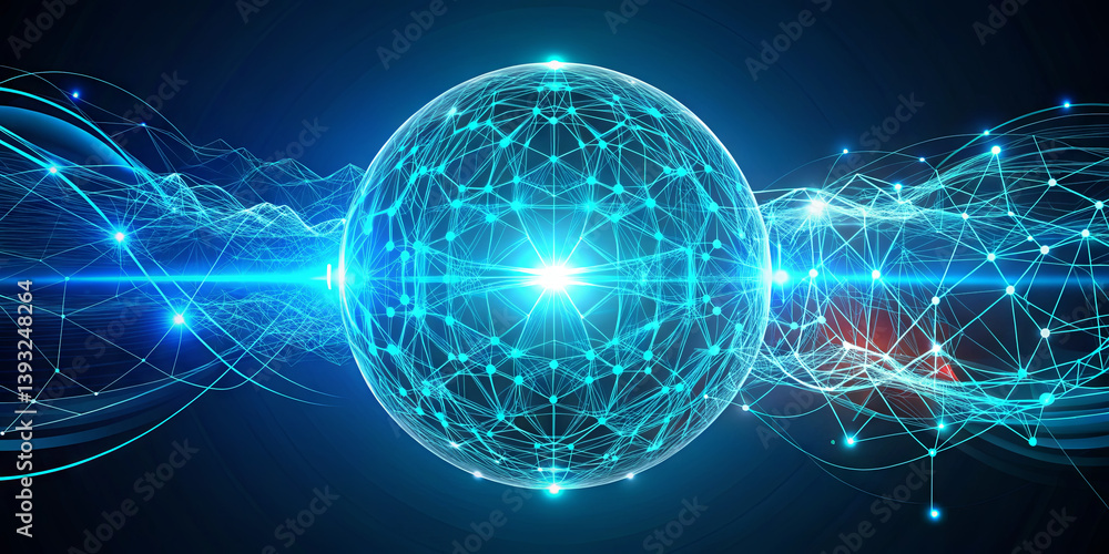 Obraz premium A glowing sphere is at the center, surrounded by intricate lines and waves of light, illustrating advanced technology and connectivity. The background displays a deep, ethereal blue