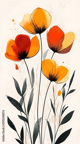 A beautiful artistic watercolor painting of orange and yellow flowers
