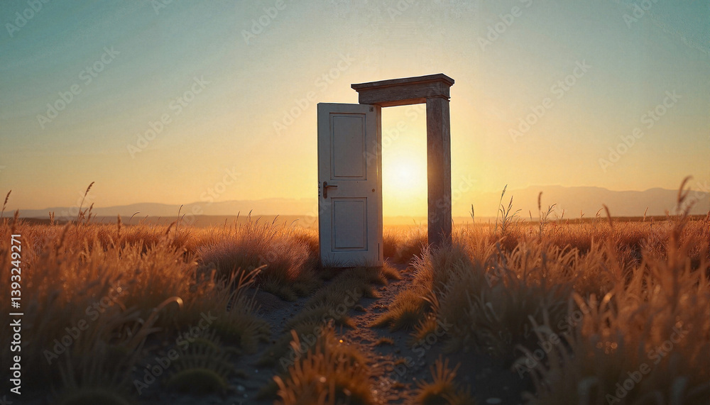 Isolated door opening at dusk in golden field, transition and possibility Isolated door opening at dusk in golden field, transition and possibility
