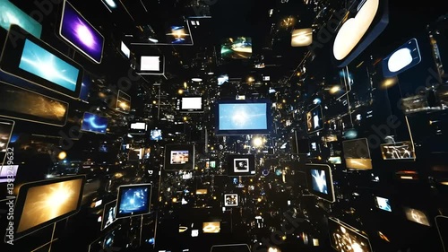 A mesmerizing digital landscape filled with floating screens displaying various media content