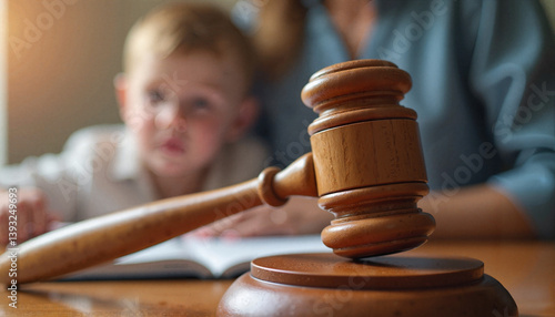 Wooden gavel symbolizing justice with blurred child in background, child protection